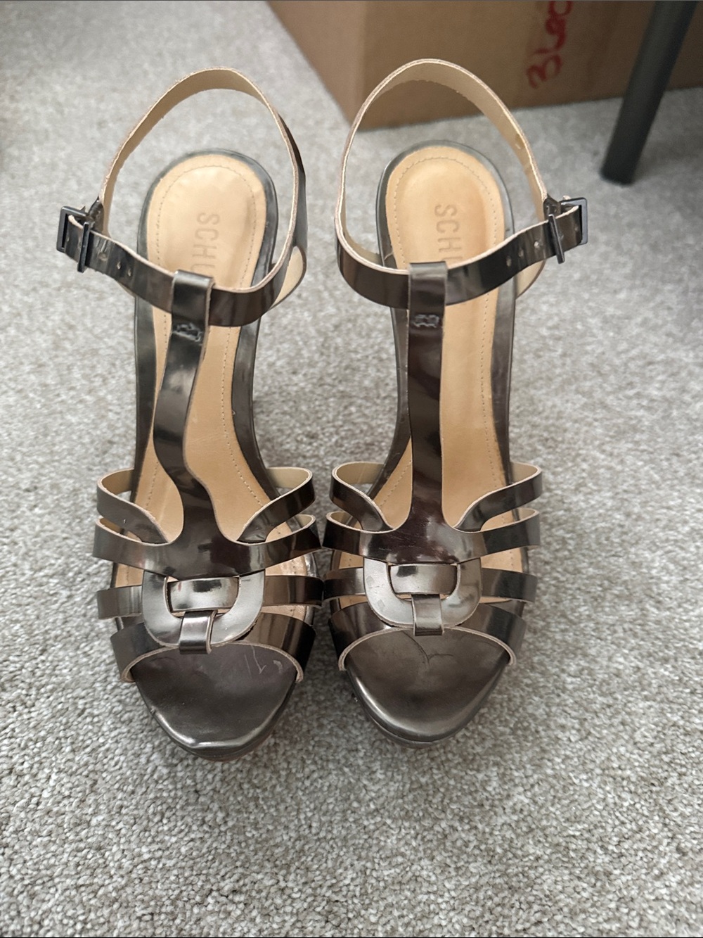 SCHUTZ Metallic Bronze Strappy T‑Bar High Heel Sandals
